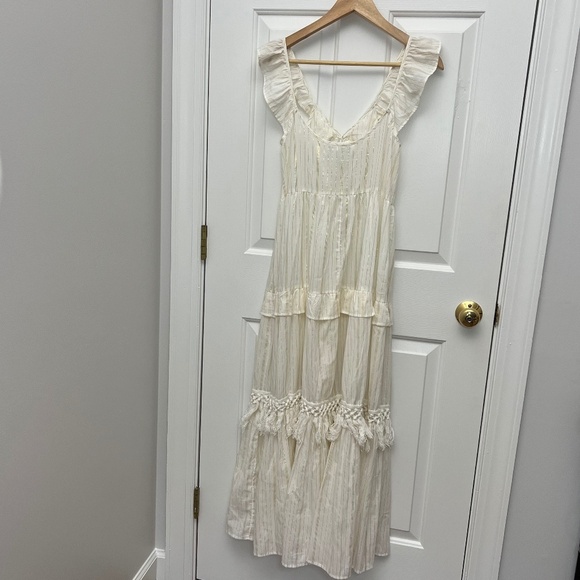 True Destinations White Gold Threaded Bohemian Tiered Maxi Dress Sz S - Picture 8 of 15